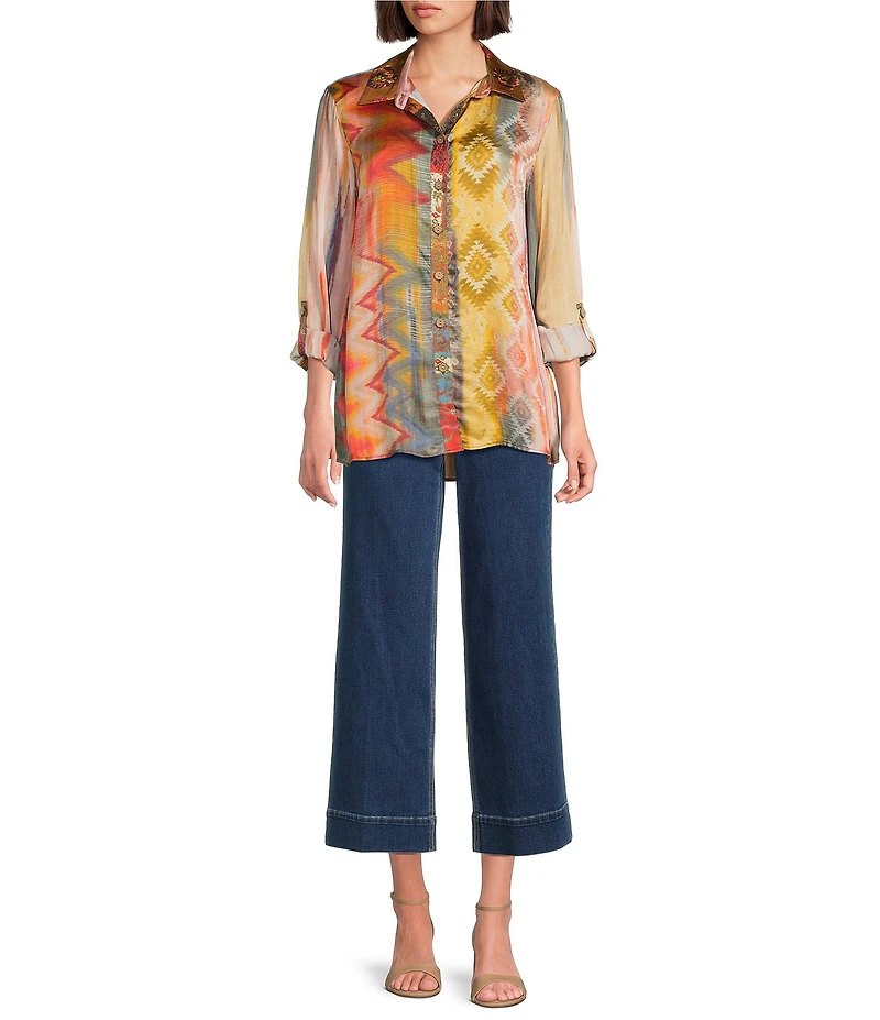 John Mark Petite Size Mixed Multi Print Point Collar Long Roll-Tab Sleeves Button Front Tunic