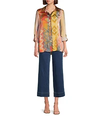 John Mark Petite Size Mixed Multi Print Point Collar Long Roll-Tab Sleeves Button Front Tunic
