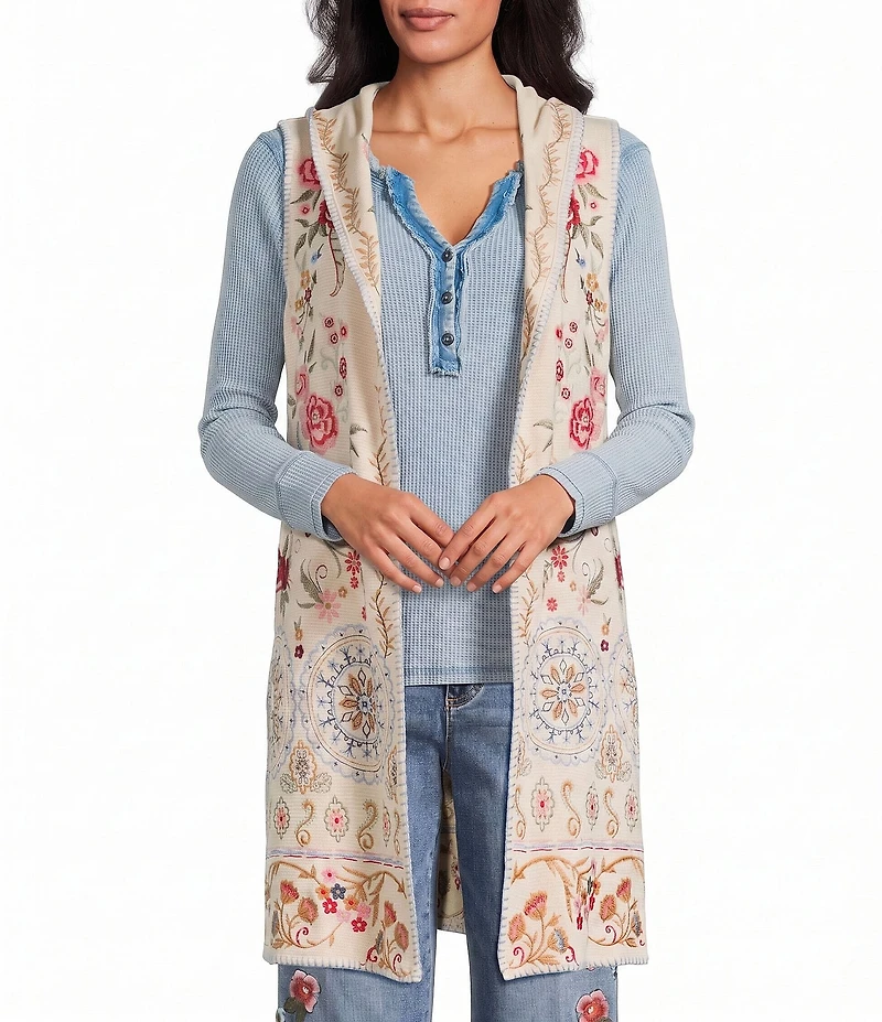 John Mark Petite Size Multi Floral Mandala Embroidery Open-Front Hooded Jacket