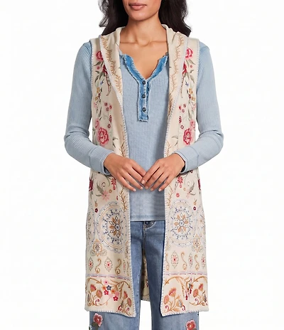 John Mark Petite Size Multi Floral Mandala Embroidery Open-Front Hooded Jacket
