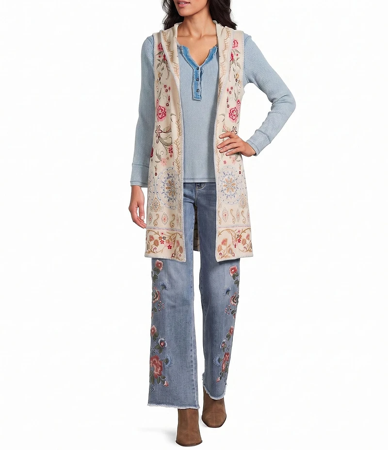 John Mark Petite Size Multi Floral Mandala Embroidery Open-Front Hooded Jacket