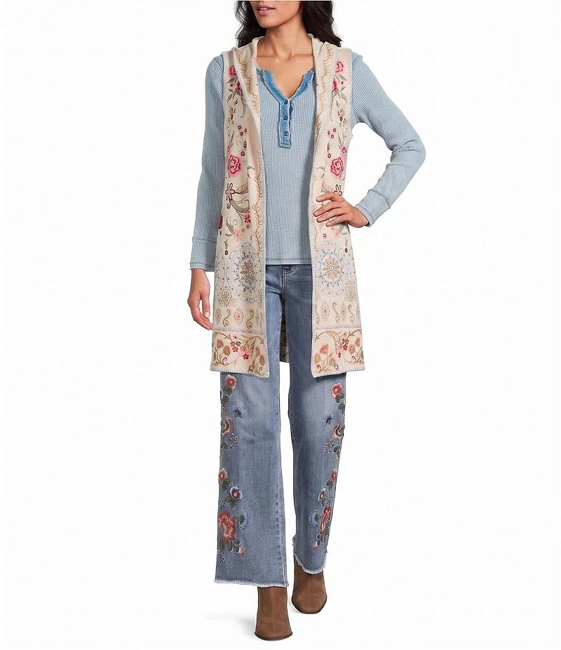 John Mark Petite Size Multi Floral Mandala Embroidery Open-Front Hooded Jacket