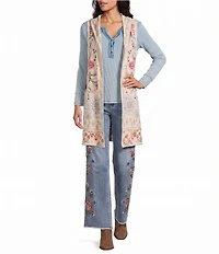 John Mark Petite Size Multi Floral Mandala Embroidery Open-Front Hooded Jacket