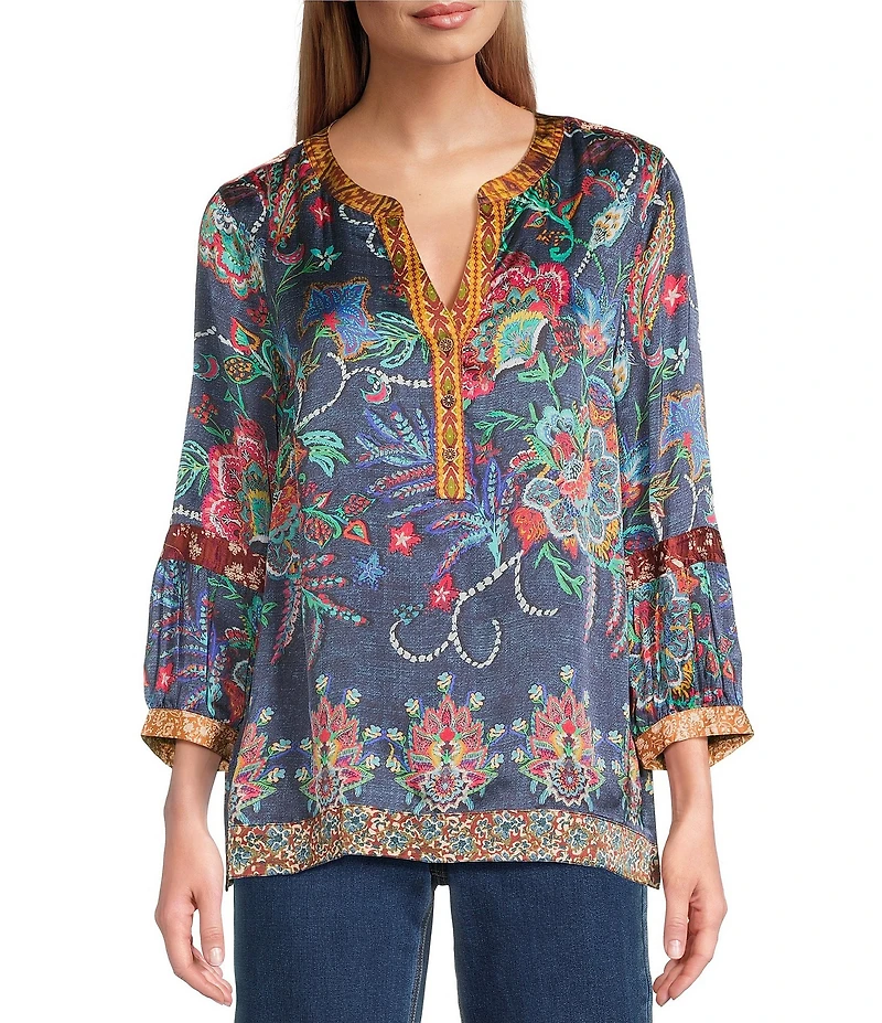 John Mark Petite Size Multi Mixed Floral Button Up Y-Neck 3/4 Sleeve Tunic