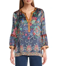 John Mark Petite Size Multi Mixed Floral Button Up Y-Neck 3/4 Sleeve Tunic