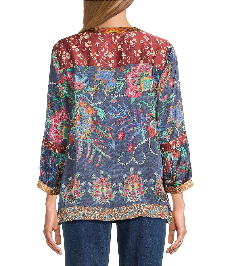 John Mark Petite Size Multi Mixed Floral Button Up Y-Neck 3/4 Sleeve Tunic