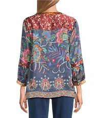 John Mark Petite Size Multi Mixed Floral Button Up Y-Neck 3/4 Sleeve Tunic