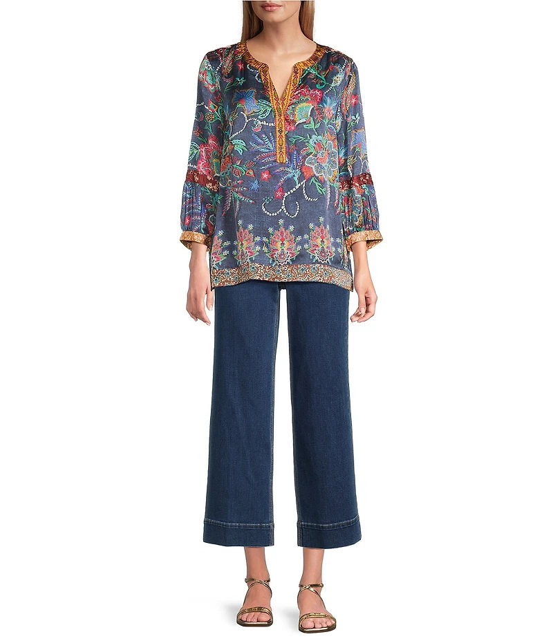John Mark Petite Size Multi Mixed Floral Button Up Y-Neck 3/4 Sleeve Tunic