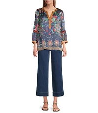 John Mark Petite Size Multi Mixed Floral Button Up Y-Neck 3/4 Sleeve Tunic