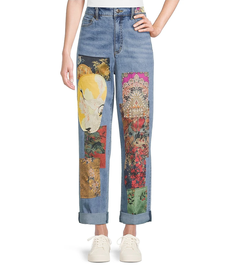 John Mark Petite Size Multi Patch Print 5-Pocket Denim Boyfriend Jeans