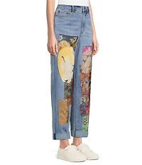 John Mark Petite Size Multi Patch Print 5-Pocket Denim Boyfriend Jeans
