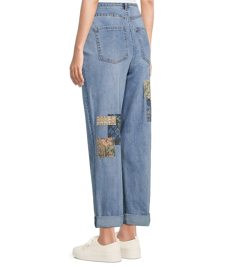 John Mark Petite Size Multi Patch Print 5-Pocket Denim Boyfriend Jeans