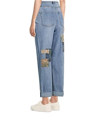 John Mark Petite Size Multi Patch Print 5-Pocket Denim Boyfriend Jeans