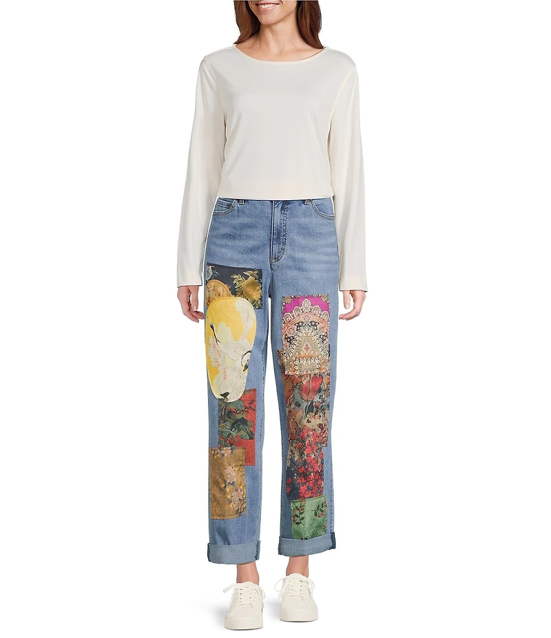 John Mark Petite Size Multi Patch Print 5-Pocket Denim Boyfriend Jeans