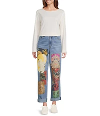 John Mark Petite Size Multi Patch Print 5-Pocket Denim Boyfriend Jeans