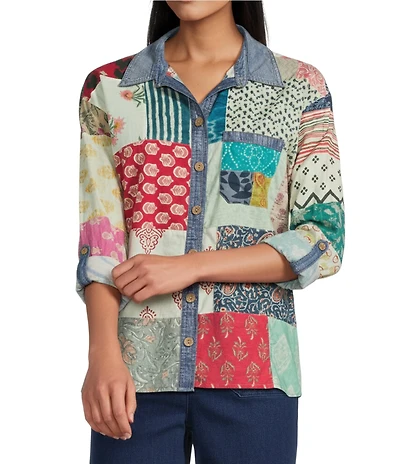 John Mark Petite Size Multi Print Patched Point Collar Long Roll-Tab Sleeve Button Front Tunic