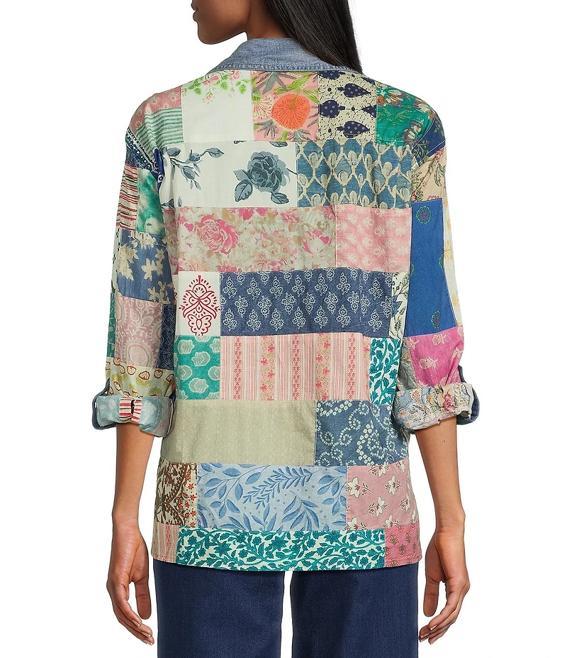John Mark Petite Size Multi Print Patched Point Collar Long Roll-Tab Sleeve Button Front Tunic