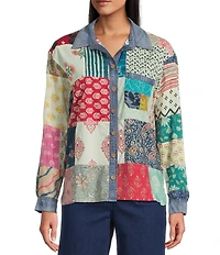 John Mark Petite Size Multi Print Patched Point Collar Long Roll-Tab Sleeve Button Front Tunic