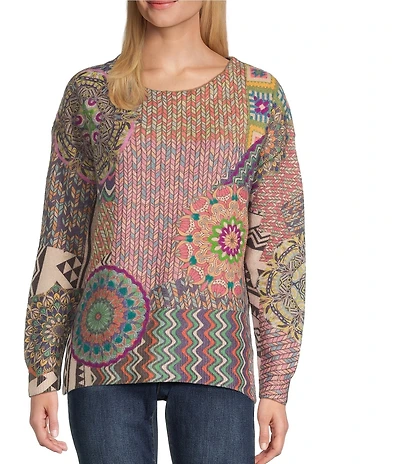 John Mark Petite Size Patchwork Print Crew Neck Long Sleeve Knit Sweater