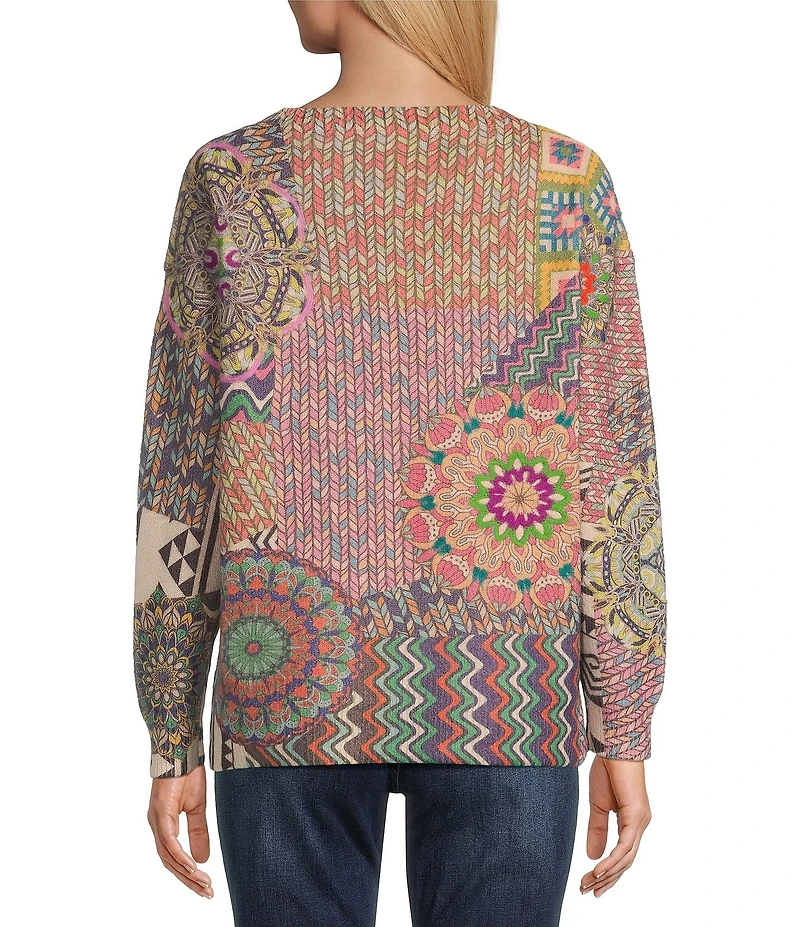 John Mark Petite Size Patchwork Print Crew Neck Long Sleeve Knit Sweater