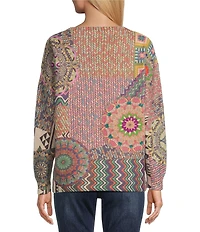 John Mark Petite Size Patchwork Print Crew Neck Long Sleeve Knit Sweater