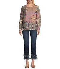 John Mark Petite Size Patchwork Print Crew Neck Long Sleeve Knit Sweater