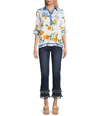 John Mark Petite Size Printed Wire Neck 3/4 Cinch Tie Sleeve Tunic
