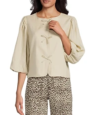 John Mark Petite Size Round Neck 3/4 Bubble Sleeve Front Bow Ties Jacket