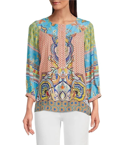 John Mark Petite Size Shirring Woven Printed Scoop Neck 3/4 Sleeve Top