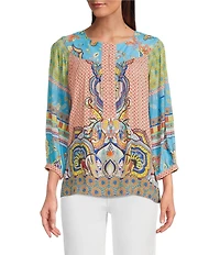 John Mark Petite Size Shirring Woven Printed Scoop Neck 3/4 Sleeve Top