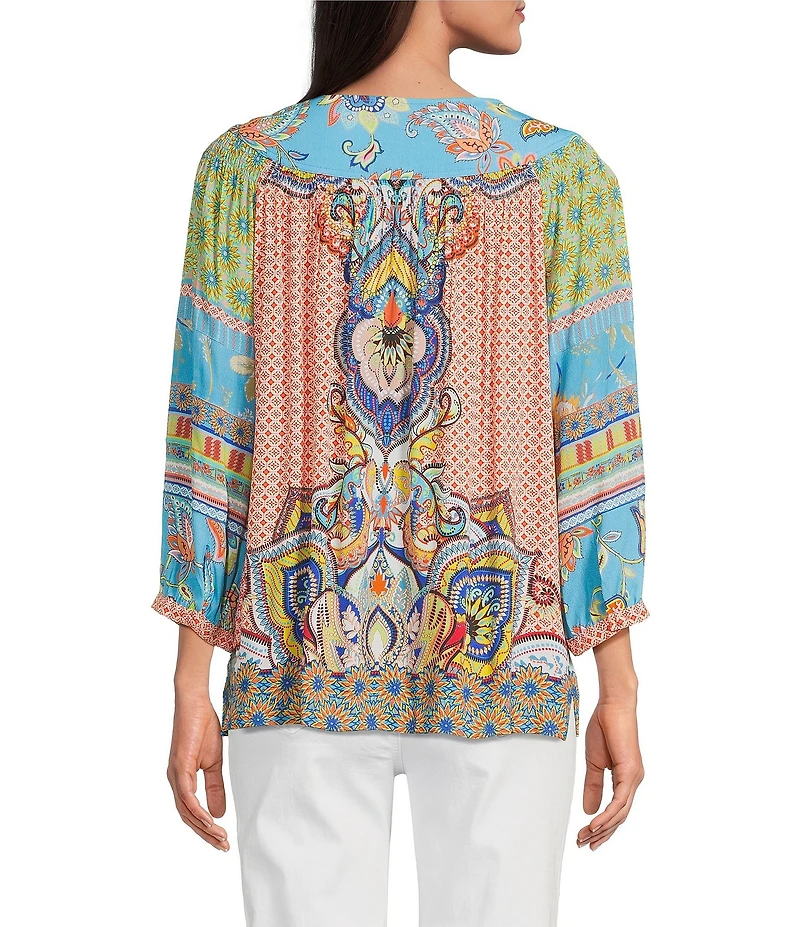 John Mark Petite Size Shirring Woven Printed Scoop Neck 3/4 Sleeve Top