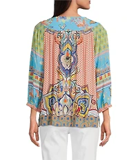 John Mark Petite Size Shirring Woven Printed Scoop Neck 3/4 Sleeve Top