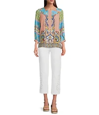 John Mark Petite Size Shirring Woven Printed Scoop Neck 3/4 Sleeve Top