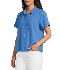 John Mark Petite Size Solid Wire Collar Short Sleeve Button Front Shirt