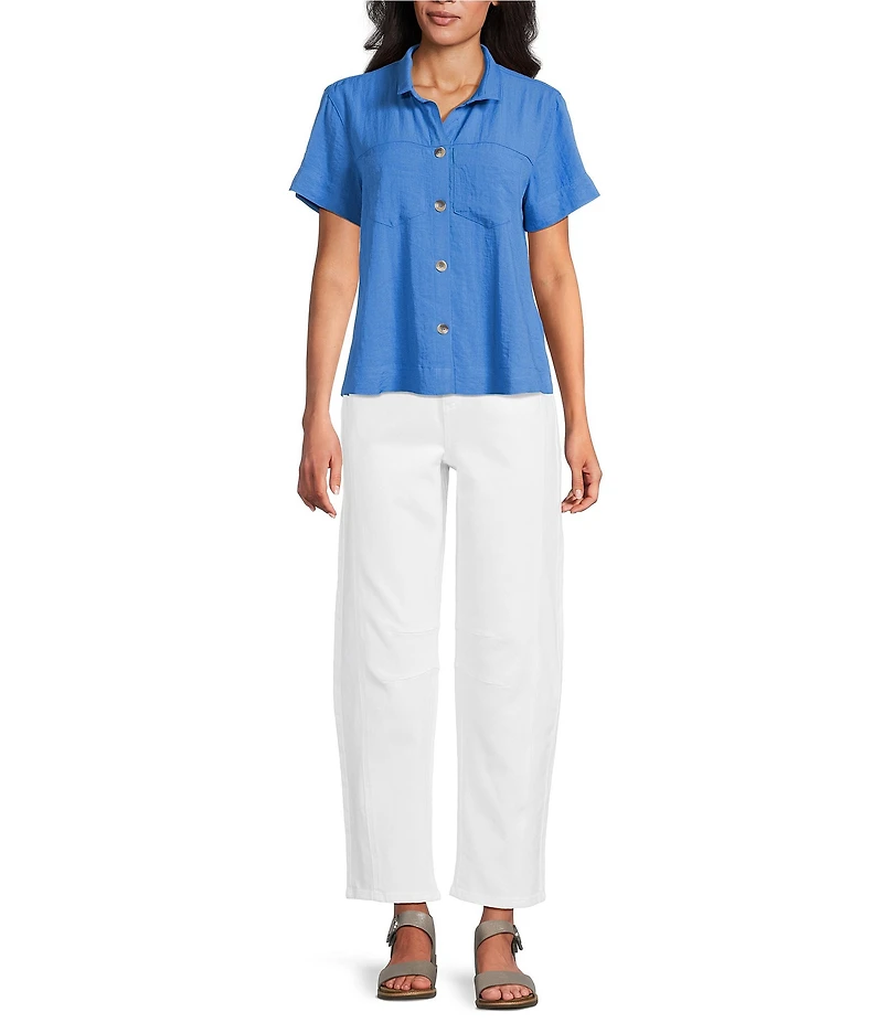 John Mark Petite Size Solid Wire Collar Short Sleeve Button Front Shirt