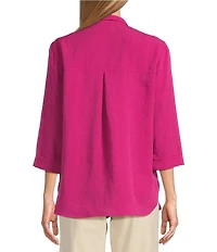 John Mark Petite Size Solid Woven 3/4 Sleeve Wire Collared Button Front Patch Pocket Camp Shirt