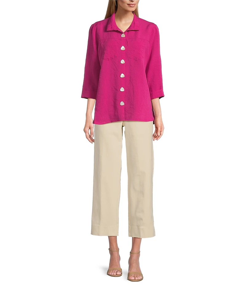 John Mark Petite Size Solid Woven 3/4 Sleeve Wire Collared Button Front Patch Pocket Camp Shirt