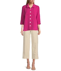 John Mark Petite Size Solid Woven 3/4 Sleeve Wire Collared Button Front Patch Pocket Camp Shirt