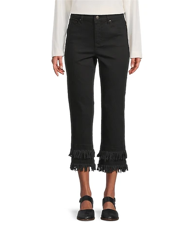 John Mark Petite Size Straight Leg 5-Pocket Fringe Hem Jeans