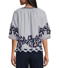 John Mark Petite Size Stripe Floral Applique Embroidery Eyelet Scalloped Hem Top