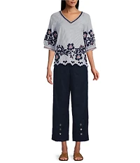 John Mark Petite Size Stripe Floral Applique Embroidery Eyelet Scalloped Hem Top