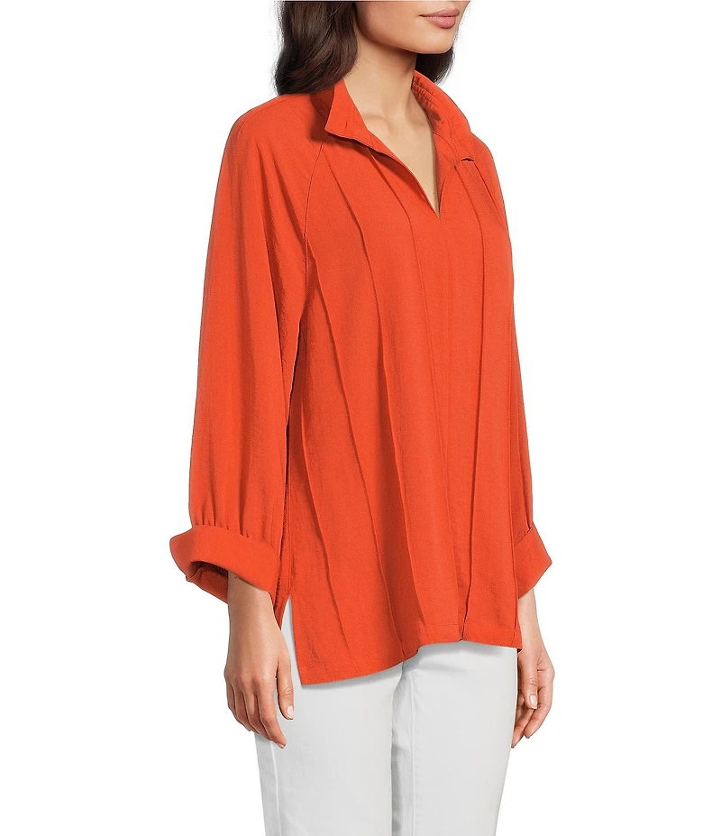 John Mark Petite Size Wire Collar Split V-Neck 3/4 Sleeve Pintuck Detail Top