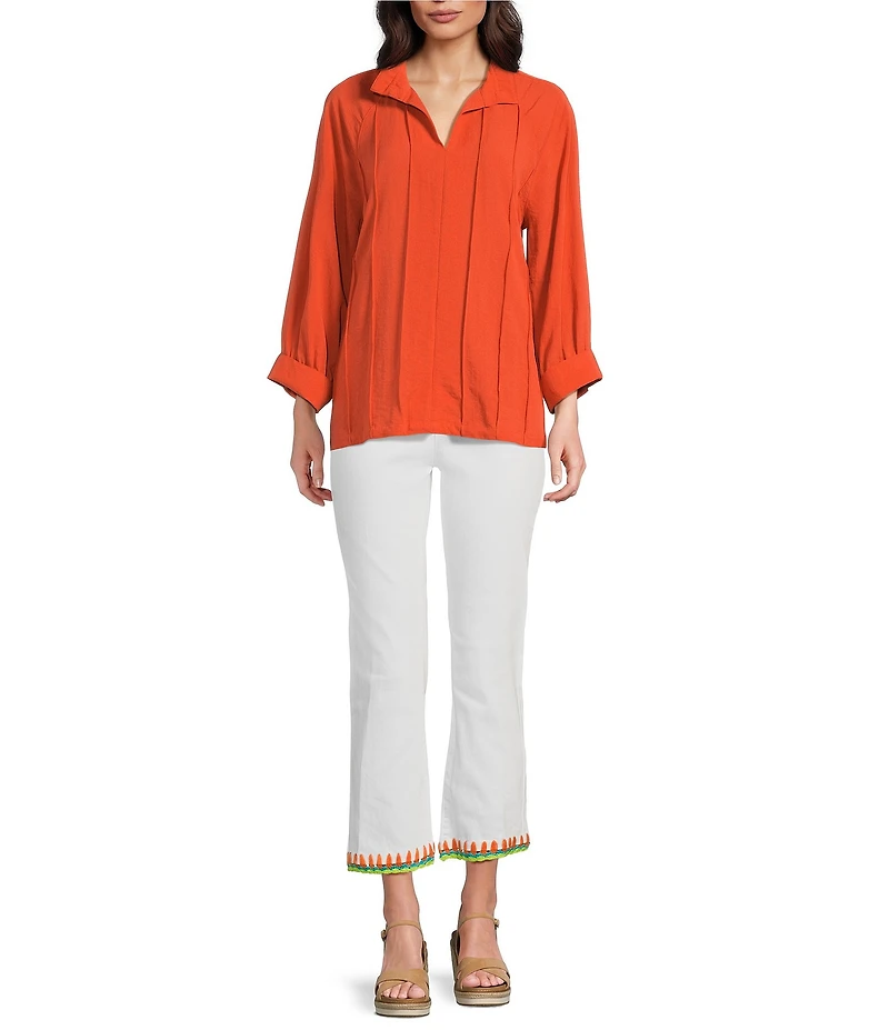 John Mark Petite Size Wire Collar Split V-Neck 3/4 Sleeve Pintuck Detail Top