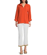 John Mark Petite Size Wire Collar Split V-Neck 3/4 Sleeve Pintuck Detail Top