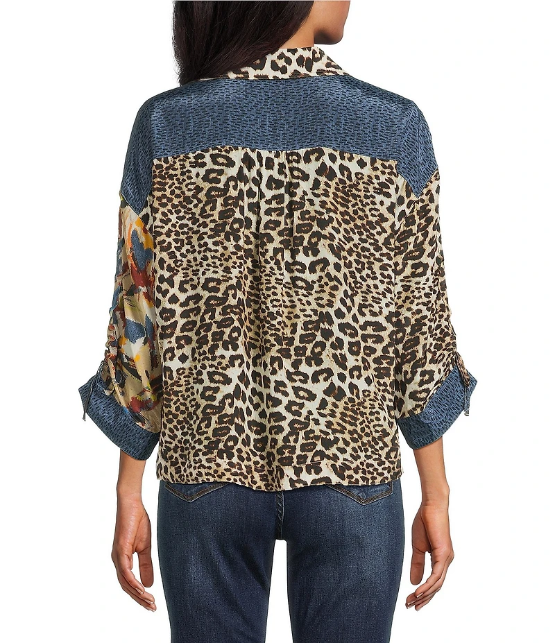 John Mark Petite Size Woven Abstract Animal Floral Print Point Collar 3/4 Dolman Sleeve Button Front Tie Blouse