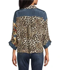 John Mark Petite Size Woven Abstract Animal Floral Print Point Collar 3/4 Dolman Sleeve Button Front Tie Blouse