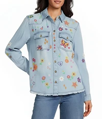 John Mark Petite Size Woven All Over Floral Embroidered Point Collar Long Roll-Tab Sleeve Button Front Blouse