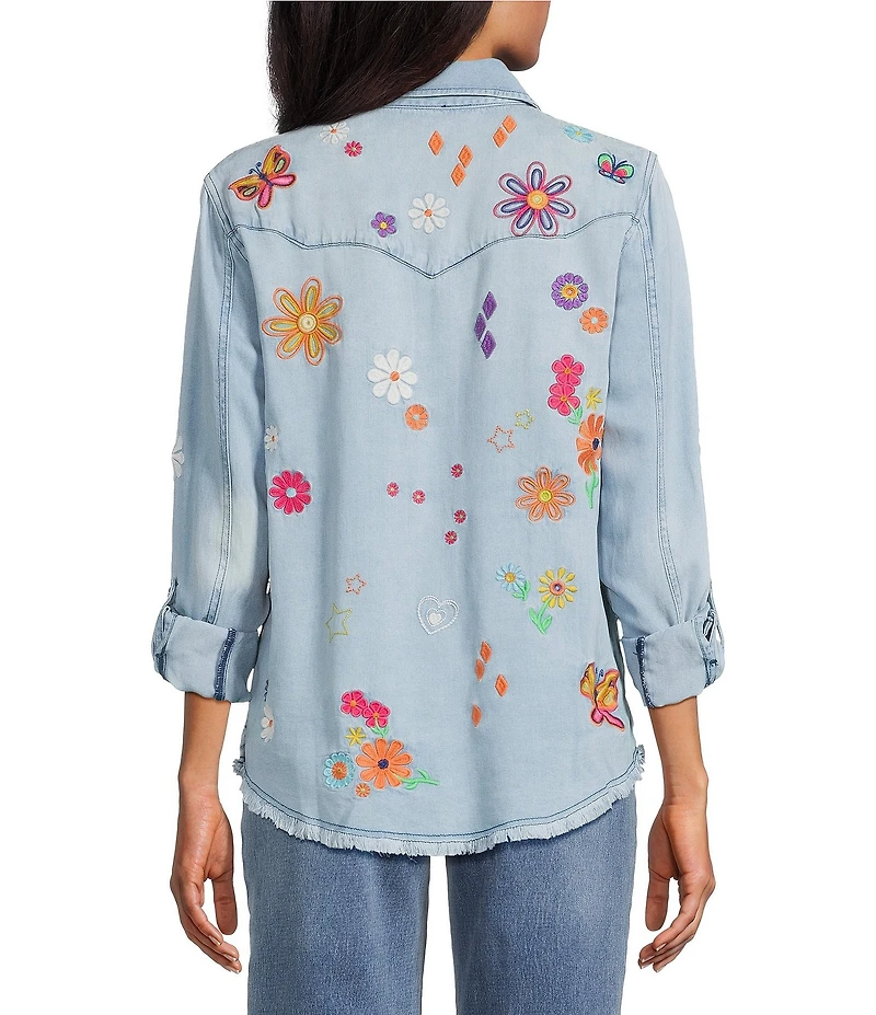 John Mark Petite Size Woven All Over Floral Embroidered Point Collar Long Roll-Tab Sleeve Button Front Blouse