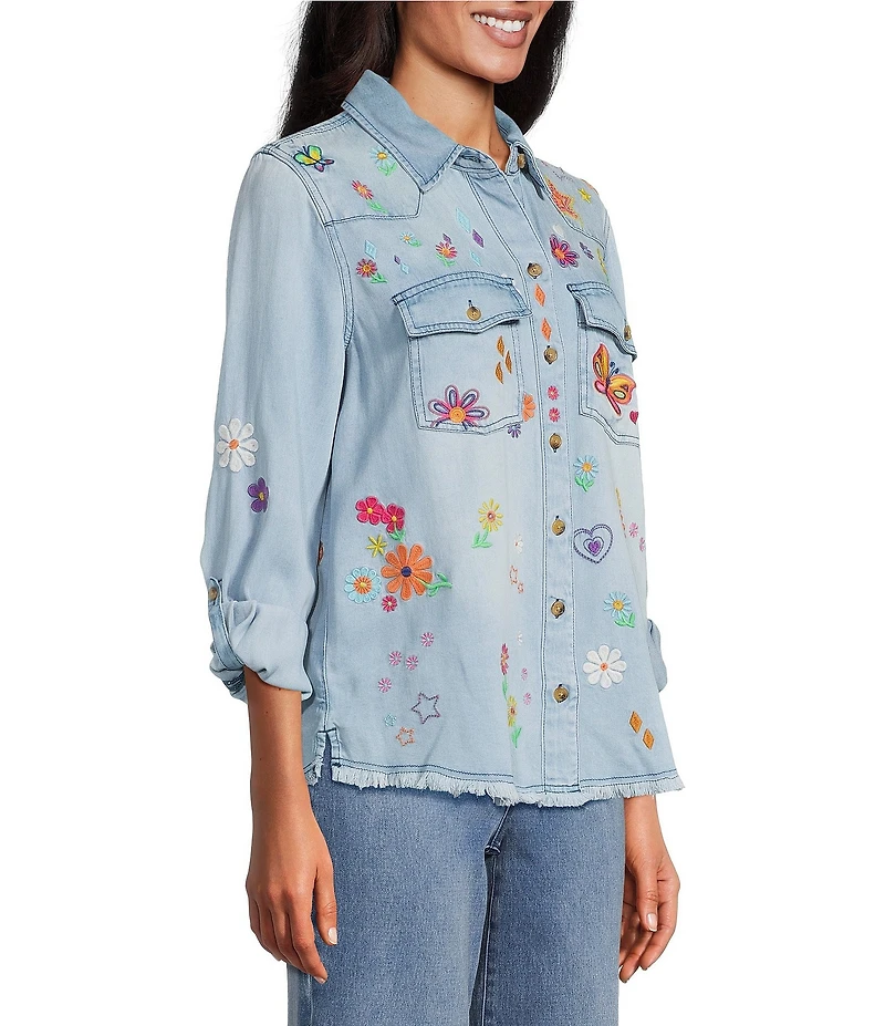 John Mark Petite Size Woven All Over Floral Embroidered Point Collar Long Roll-Tab Sleeve Button Front Blouse