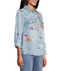 John Mark Petite Size Woven All Over Floral Embroidered Point Collar Long Roll-Tab Sleeve Button Front Blouse